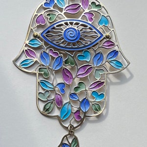 Hamsa with Purple and Blue Leaves and Hearts | Hand-Made Hamsa  | wall art  | Hamsa Love | Hamsa Nature Motives  | Colorful Hamsa