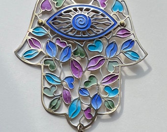 Handmade Hamsa Wall Art | Purple, Blue Leaves & Hearts