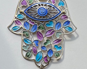 Hamsa with Purple and Blue Leaves and Hearts | Hand-Made Hamsa  | wall art  | Hamsa Love | Hamsa Nature Motives  | Colorful Hamsa