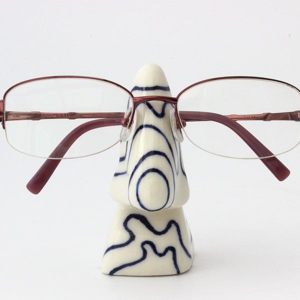 FREE SHIPPING - Ceramic glasses holder, nose eyeglasses stand, sunglasses stand, hand painted blue lines, eyewear display (No. N-gla-18)