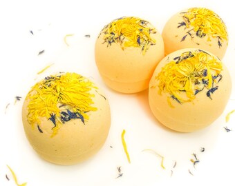 Sunflower Sandalwood Bath Bomb, Large Handmade Jumbo Bath Fizzy, Floral Bath Bomb Amber Sandalwood Scented with Natural Flower Petals 7.5 oz