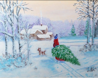 Peinture d'hiver, peinture acrylique originale de Noel, paysage d'hiver sur toile, art d'arbre de Noel, décor de mur d'hiver, cadeau de Noel