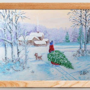 Winter Painting, Original Acrylic Christmas Painting, Winter Landscape on Canvas, Christmas Tree Art, Winter Wall Decor, Chritsmas Gift