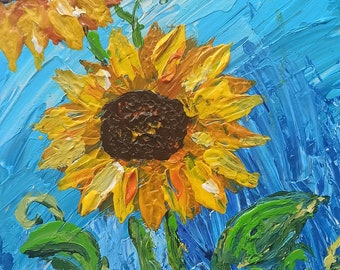 ひまわりのアクリル画オリジナル、キャンバスウォールアート8x8、質感