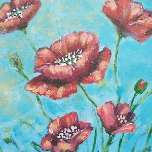 Vibrant Red Poppies on Canvas Panel - Handcrafted Acrylic Painting, Original Acrylic Painting, Flowers Painting, Abstract Blue Background