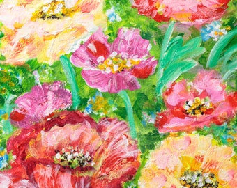Original Acrylic Poppies Painting on Canvas, Red and Yellow Flowers Wall Decor, Still Life Floral Painting, Modern Abstract Wall Art