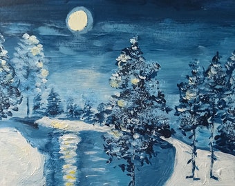 Forêt d’hiver acrylique, Peinture de forêt de neige, Art d’hiver acrylique original, Art de la forêt nocturne, Lune d’hiver, Art du Nouvel An, Cadeau de Noël