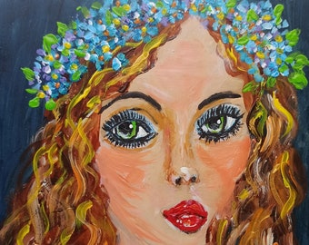 Beautiful Young Woman with Flowers in Hair, Original Acrylic Painting Redhair Woman, Acrylic Portrait Woman, Wall Decor, Original Artwork