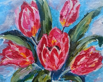 Tulipanes rojos, pintura acrílica de flores en jarrón, pintura original sobre lienzo, pequeño cuadro floral, pintura original de flores, decoración para el hogar