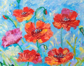 Poppies Original Acrylic Red Flowers on Canvas, Red Flowers Art, Flower Painting Wall Decor, Meadow Painting, Flowers Acrylic Painting