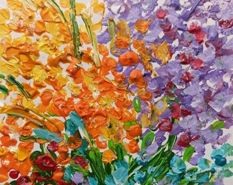 山の周りの桜、アクリル画風景春のアート、ピンクの花のアート、小さな