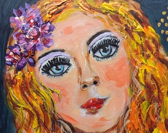 Acrylic Original Woman Portrait, Girl Flowers in Hair, Colorful Acrylic Painting, Joy Painting, Woman Art, Original Acrylic Gift, Wall Decor