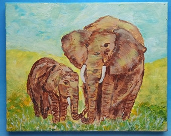Pintura de elefante acrílico sobre lienzo, Elefante bebé, Decoración de pared africana, Arte mural africano, Pintura de lienzo original, Arte de elefante