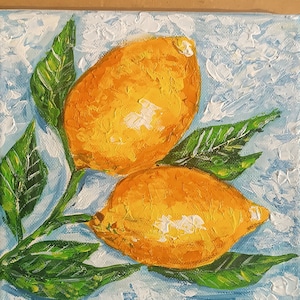 Two Lemons on Bright Background, Small Acrylic Painting on Canvas, Still Life, Original Art, Home Decor, Citron Painting, Kitchen Wall Decor