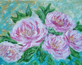 Pintura acrílica original de flores rosas, peonía sobre lienzo, decoración de pared rosa, arte de flores rojas, bodegón, decoración abstracta para el hogar con flores