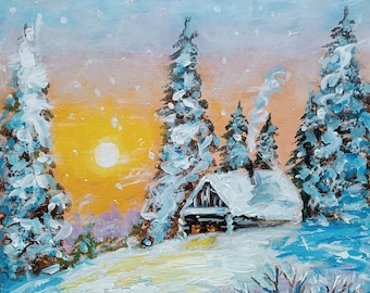 Peinture acrylique de forêt d'hiver, paysage neigeux au coucher du soleil, art de paysage de nature, cadeau de Noël de nouvelle année, art acrylique, oeuvre de paysage neigeux