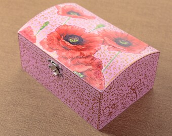 Pink Flower Decoupage Box, Original Decorative Memory Box, Jewellery Wooden Box, Pink Flower Artwork, Gift for Woman, Birthday Gift