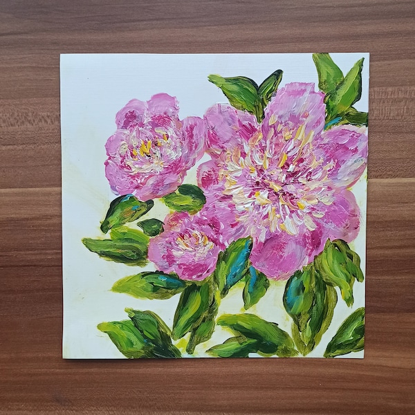 Peinture acrylique pivoine, fleur abstraite sur papier dur, art floral contemporain, fleurs roses acryliques. Oeuvre florale. Pivoine abstraite