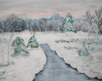 Forêt d'hiver enchanteresse, peinture acrylique, art de paysage enneigé, paysage d'hiver original, art abstrait, décor de mur, art de peinture d'hiver