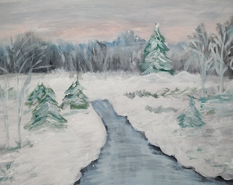 Puede incluir: Una pintura que representa una escena de invierno con un río sinuoso que fluye a través de un bosque nevado. Los árboles están desnudos y el cielo es de un azul pálido. El río es de un azul claro y la nieve es blanca.