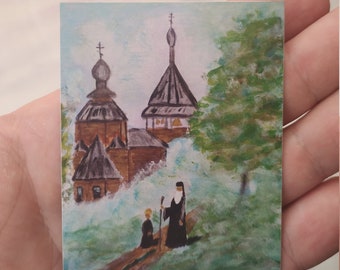 Church Magnet, Small Religious Art, Miniature Landscape, Monastery Art, Religious Souvenir, Religious Gift, Church Religious Gift Art