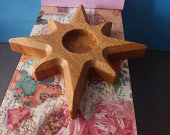 Star Oak Tea Light Candle Holder, Eight Pointed Star Candle Holder, Rustic Home Decoration, Oak Decor, Wood Artwork