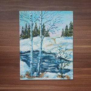 Acrylic Winter Painting, Winter Forest on Hardboard, Winter Art, Original Wall Decor, Christmas gift, Original Winter Landscape