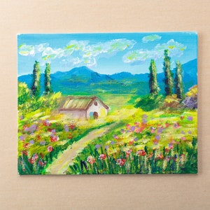 Original Acrylic Provencal Landscape on Canvas Panel, Countryside Painting, Small Landscape Canvas Art, Bright Living Room Decor,Unique gift