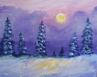 Paysage d’hiver original, Peinture d’hiver acrylique, Paysage sur panneau dur, Peinture de décor mural, Art de la forêt de neige, Cadeau de Noël, Art de nuit