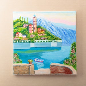 Original Acrylic City Landscape Painting, Mediterranean Wall Art, Seascape Home Decor, Cityscape Living Room Art