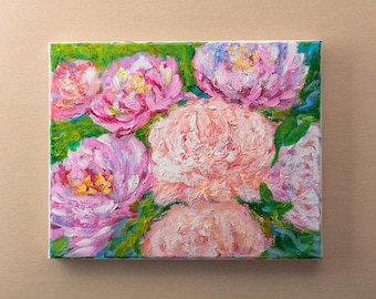 Peinture acrylique originale de fleurs roses, art abstrait de mur de pivoine, décor à la maison rose floral, peinture de tentures murales, cadeau de fleur pour elle