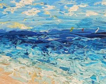 キャンバスボードに描かれたオリジナルのアクリル画 水中の海の風景画