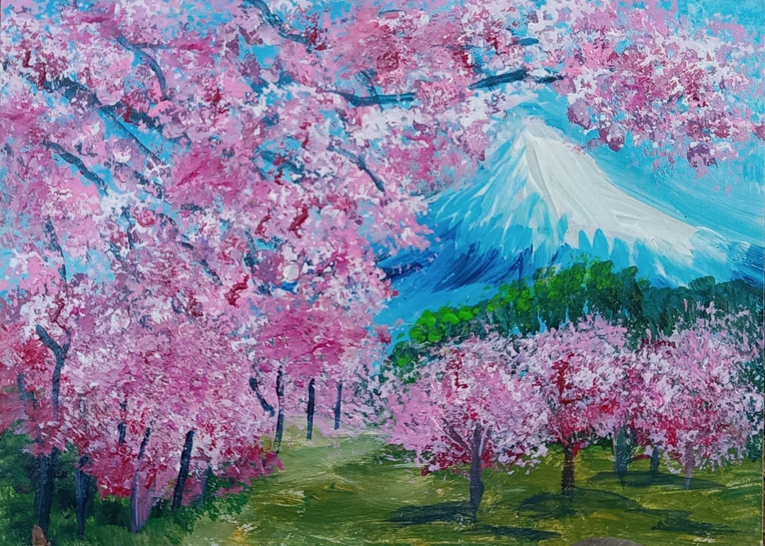 山の周りの桜、アクリル画の風景画の春のアート、ピンクの花のアート