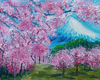 山の周りの桜、アクリル画の風景画の春のアート、ピンクの花の