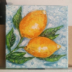 Two Lemons on Bright Background, Small Acrylic Painting on Canvas, Still Life, Original Art, Home Decor, Citron Painting, Kitchen Wall Decor image 2