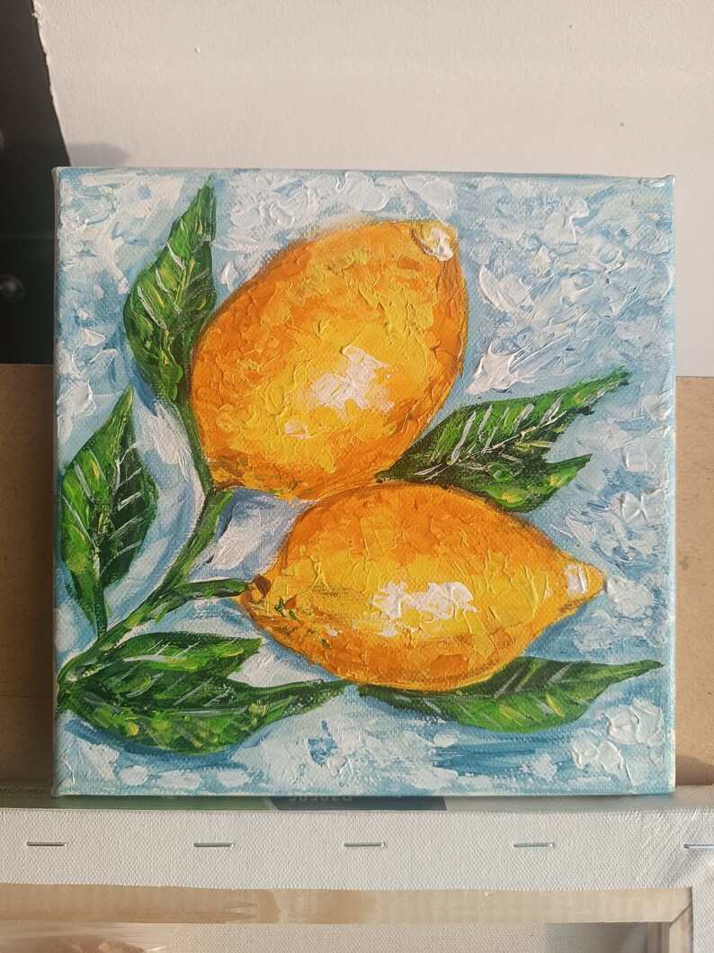 Two Lemons on Bright Background, Small Acrylic Painting on Canvas, Still Life, Original Art, Home Decor, Citron Painting, Kitchen Wall Decor image 2