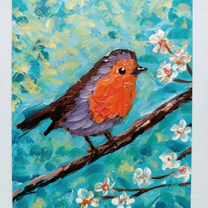 Impasto Abstract Bird on a Branch Painting - Vibrant Colors and Textured Surface, Small Original Acrylic Painting Art, Bird Artwork, Gift