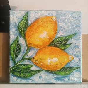 Two Lemons on Bright Background, Small Acrylic Painting on Canvas, Still Life, Original Art, Home Decor, Citron Painting, Kitchen Wall Decor image 3