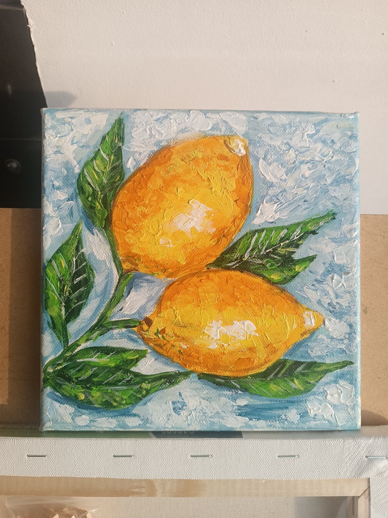 Two Lemons on Bright Background, Small Acrylic Painting on Canvas, Still Life, Original Art, Home Decor, Citron Painting, Kitchen Wall Decor image 3