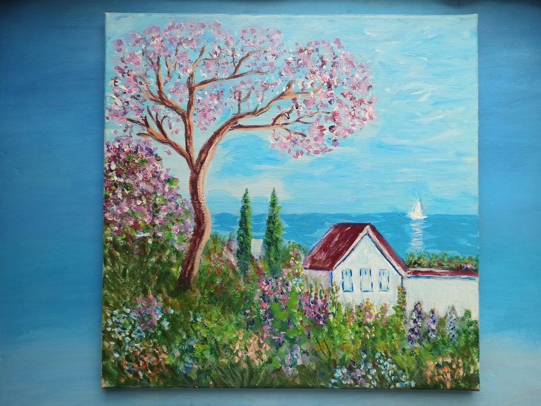 Acrylic Painting House, Original Canvas Wall Art, Original Landscape