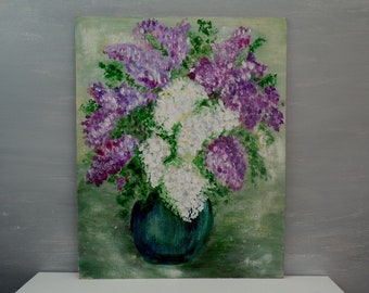 Acryl schilderij lila in vaas, originele bloemenkunst, abstracte bloemen decor kunst aan de muur, paarse bloemen schilderij, paars decor, originele kunst