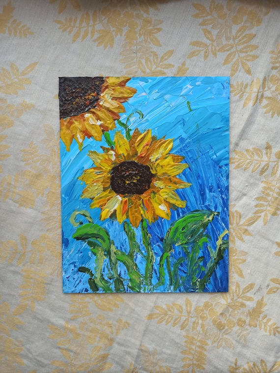 ハードボードに描かれたひまわりの絵、フラワーアート、インパスト技法