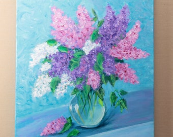 Lilac in Vase, Acrylic Painting on Canvas Frame, Life Flowers in Vase, Modern Floral Flowers Art