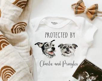 Protected by Dog , Custom Dog onesie, Golden doodle, Newborn Outfit, Custom Baby Shower Gift, Cute Sibling Bodysuit,Custom Boy Girl Onesie®