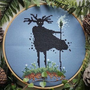 Leshy Forest Spirit Cross Stitch Pattern PDF -  Mystical Creature with Horns, Slavic Folklore, Woodland Demon, Dark Witchcraft, Silhouette