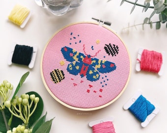 Memphis Style Moth Cross Stitch Pattern PDF - Colorful Abstract Butterfly Cross Stitch, Retro 80s Insect Embroidery Design, Instant Download