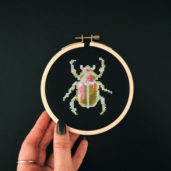 Abstract Neon Beetle Cross Stitch Pattern PDF, Colorful Bug Embroidery Design, Insect Faux Taxidermy, Scarab DIY Wall Decor Instant Download