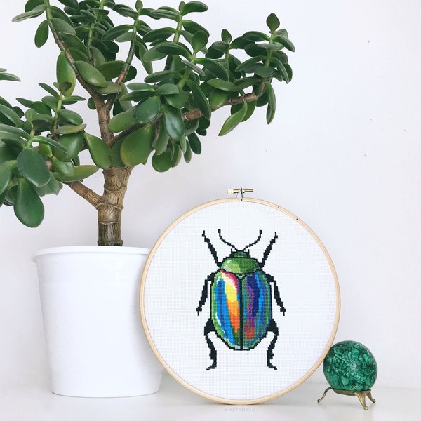Rainbow Beetle Cross Stitch Pattern PDF, Modern Bug Cross Stitch Art, Scarab Beetle Pattern, Insect Hand Embroidery Design, Instant Download