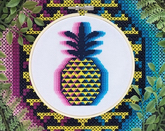 Geometric Glitch Pineapple Cross Stitch Pattern PDF - Abstract Tropical Fruit, Modern Embroidery Design, Instant Download