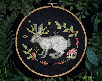 Jackalope Horned Rabbit Cross Stitch Pattern PDF - Mystical Easter Bunny, Mythical Creature, Mushroom Wreath, Fantasy Hare Embroidery Chart
